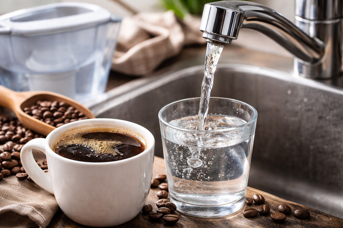 cup of coffee next to the sink