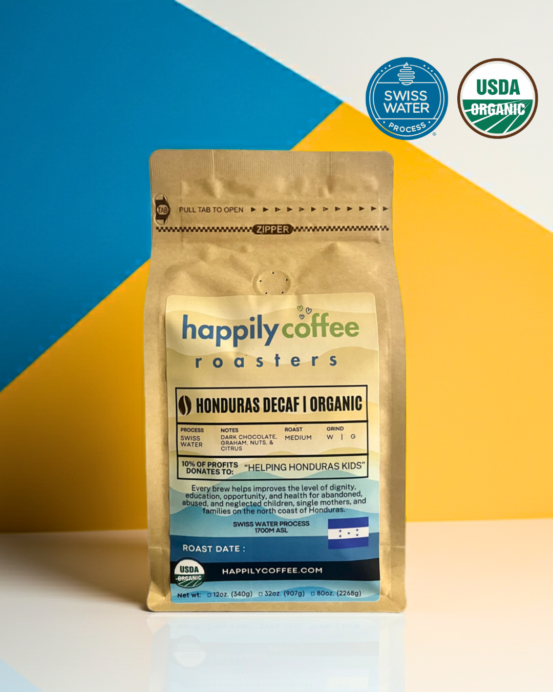 Freshly roasted organic swiss water process decaf coffee