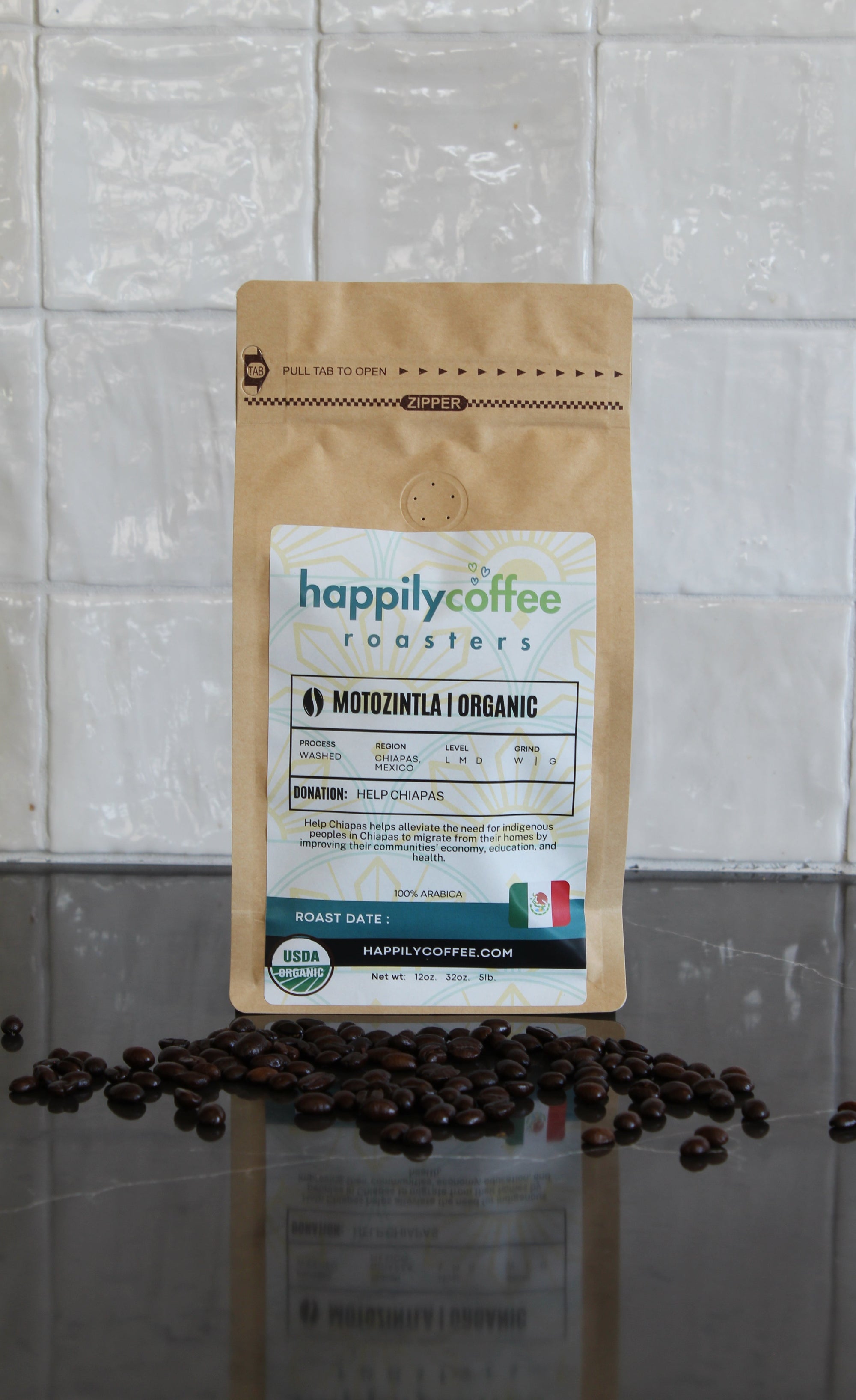 Happily Coffee package with coffee beans on a tiled floor