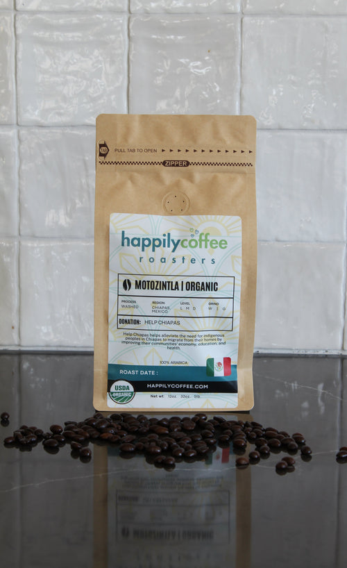 Happily Coffee package with coffee beans on a tiled floor