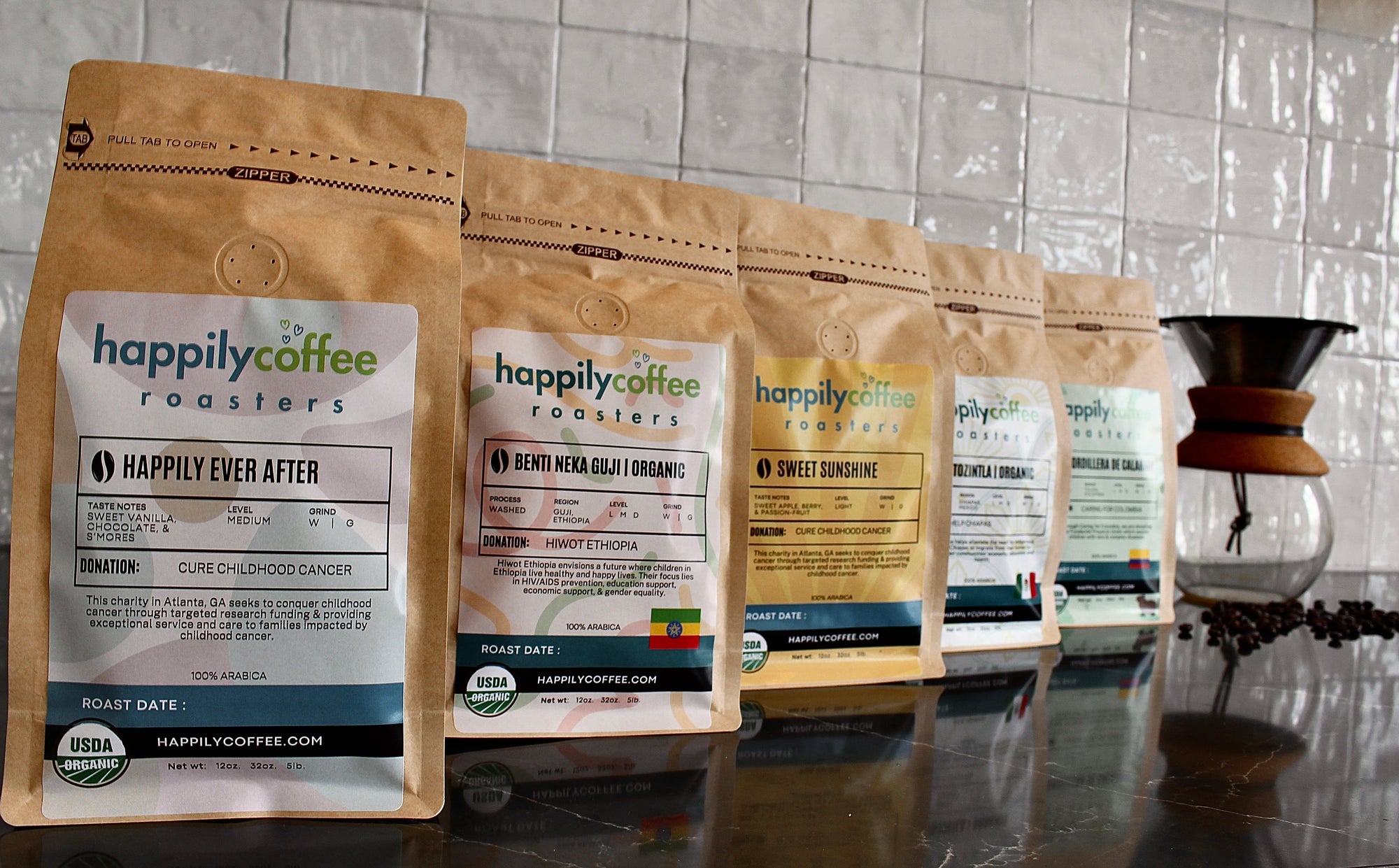 Happily Coffee Roasters packages on a kitchen counter with a tiled wall background
