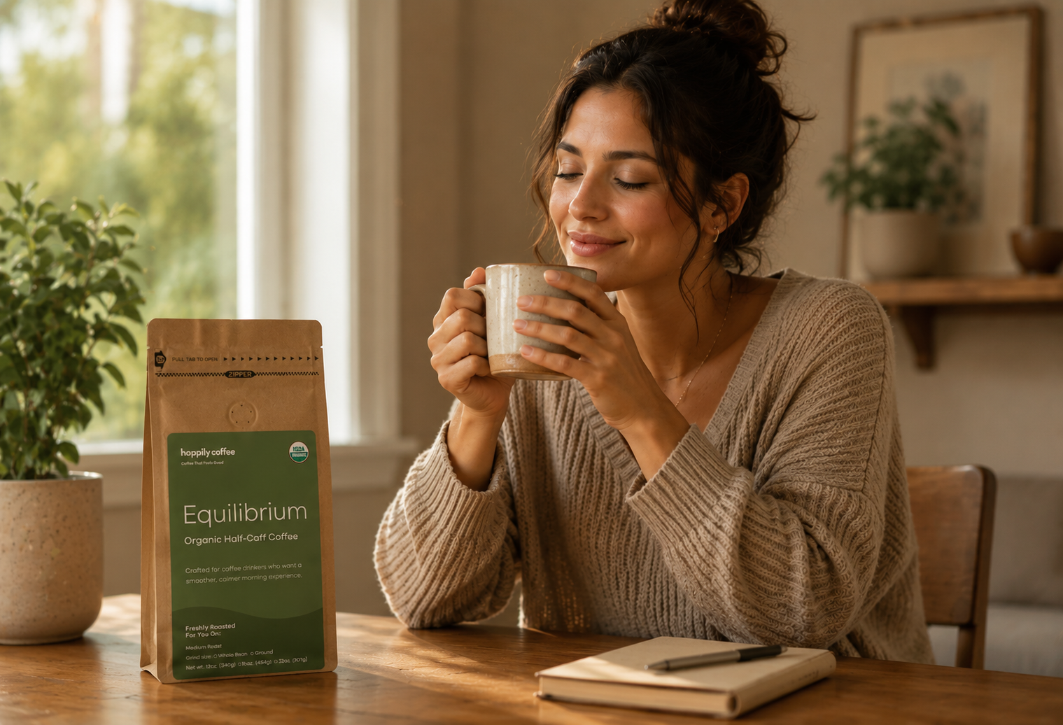 A woman enjoying a cup of happily coffee's usda organic half-caff coffee named Equilibrium. It is composed of Swiss water process decaf coffee and specialty grade Arabica coffee.