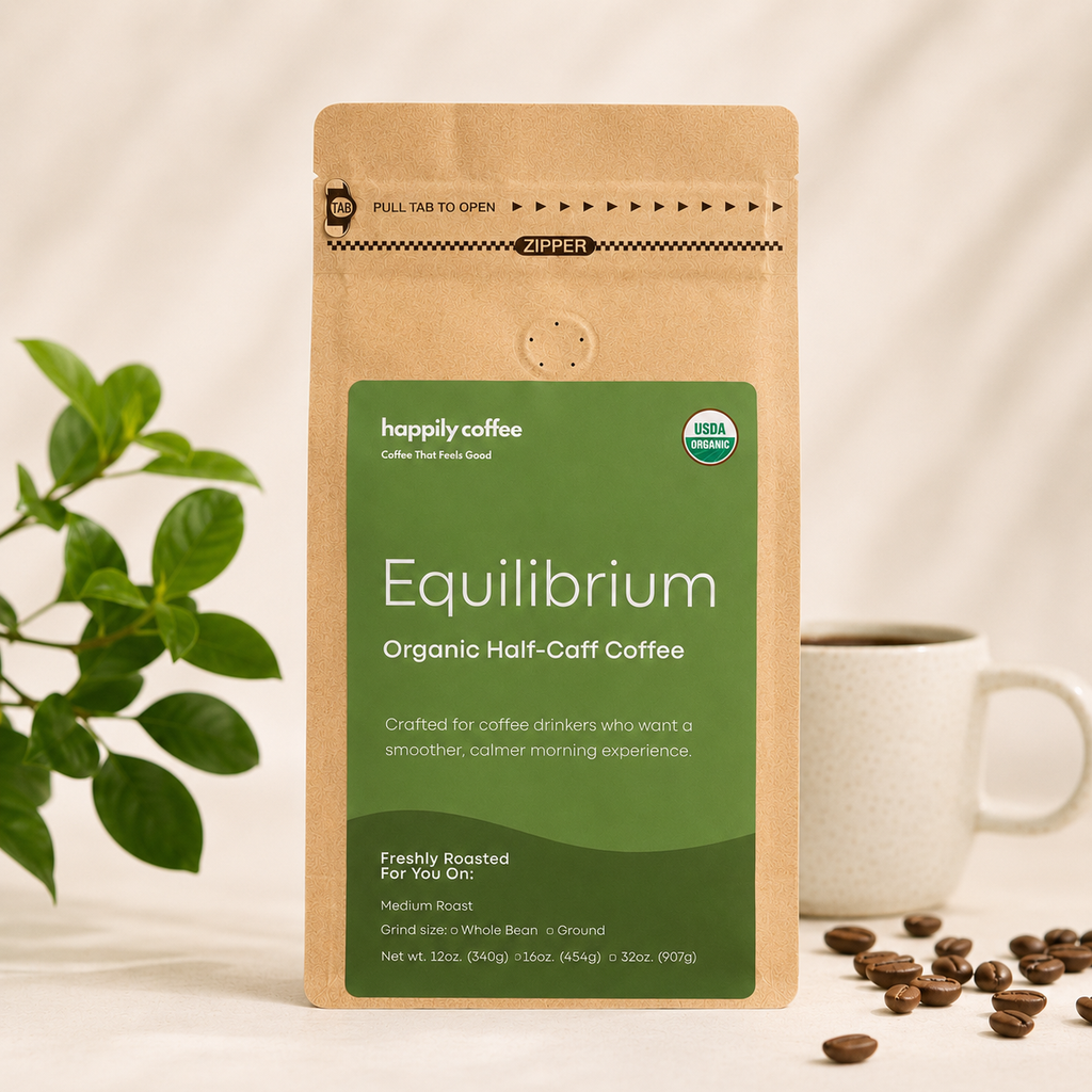 freshly roasted usda organic half-caff coffee from happily coffee roasters. roasted fresh to order organic coffee that is half swiss water process decaf coffee and half usda organic specialty coffee medium roast.