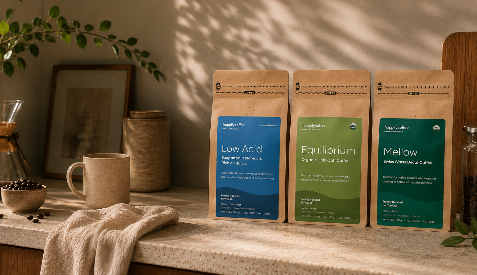 Happily Coffee's feel good coffee collection with freshly roasted, low-acid coffee, usda organic, half-caff coffee, swiss water process decaf coffee.