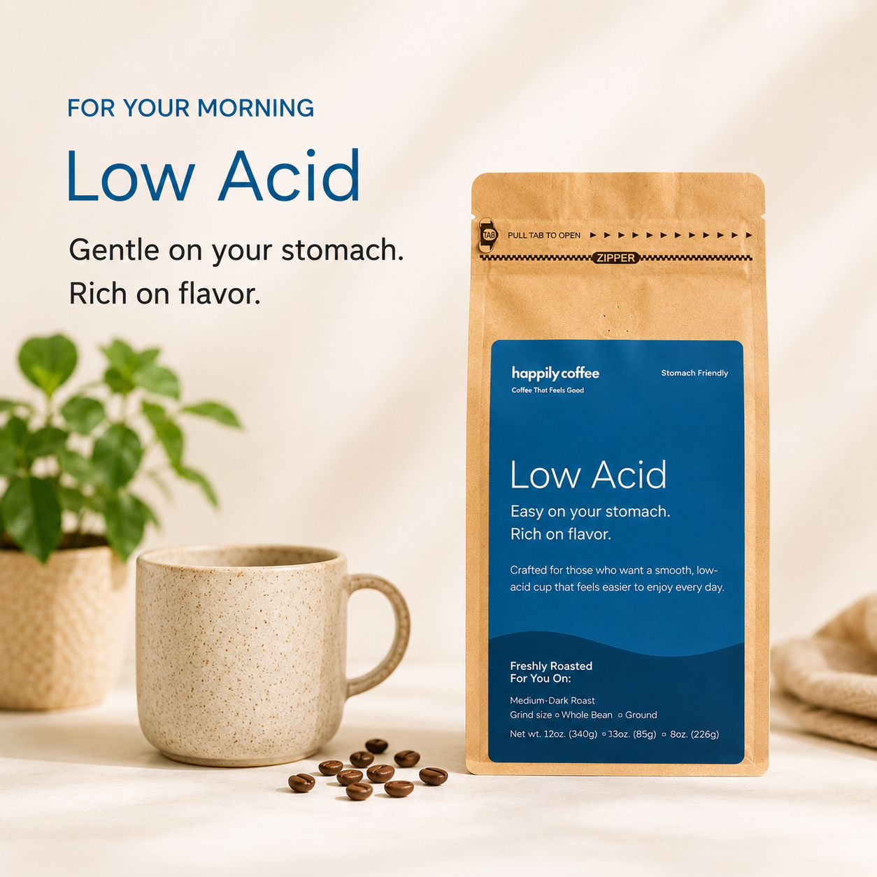 low-acid freshly roasted arabica specialty coffee by happily coffee roasters