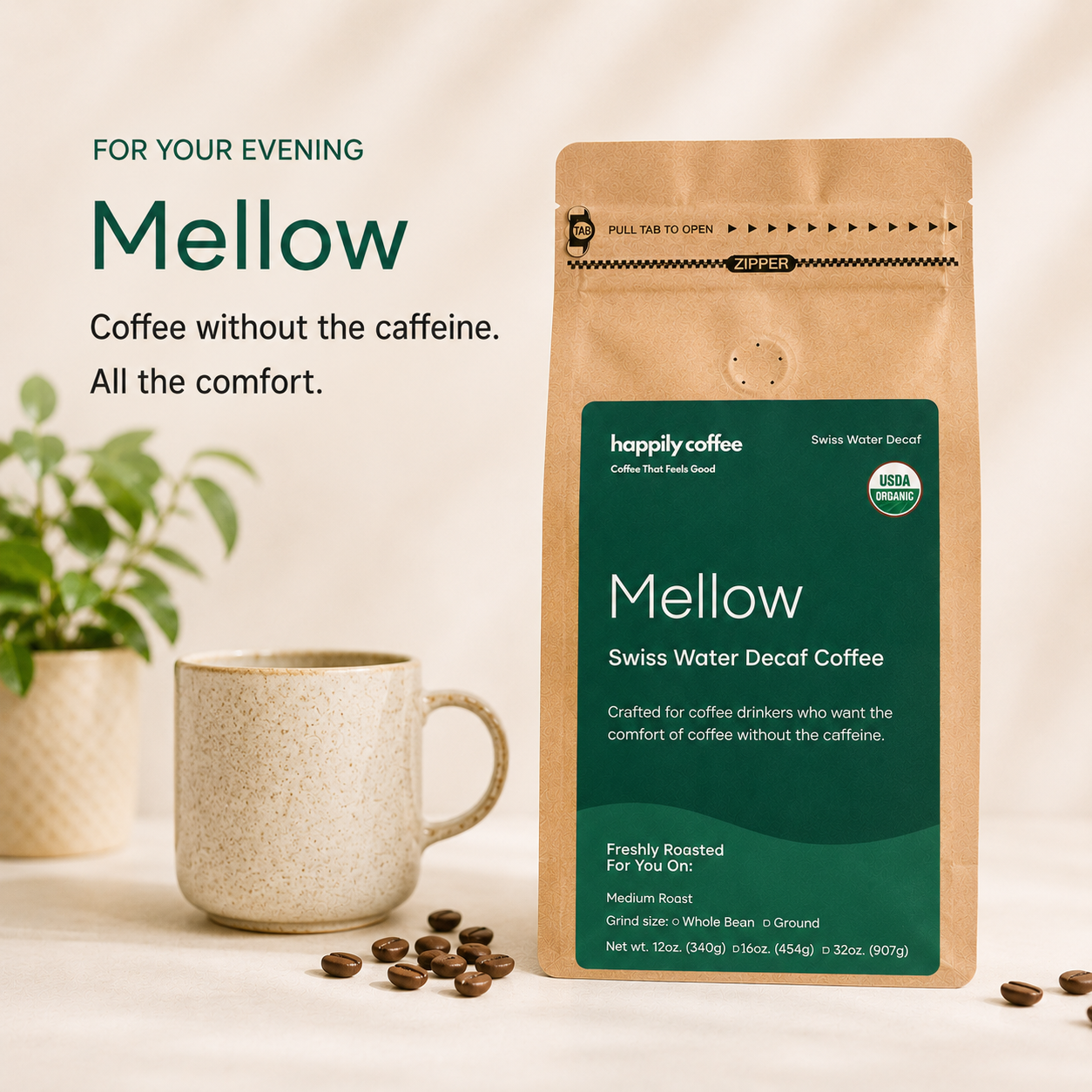 A bag of swiss water process decaffeinated coffee beans freshly roasted by Happily Coffee Roasters