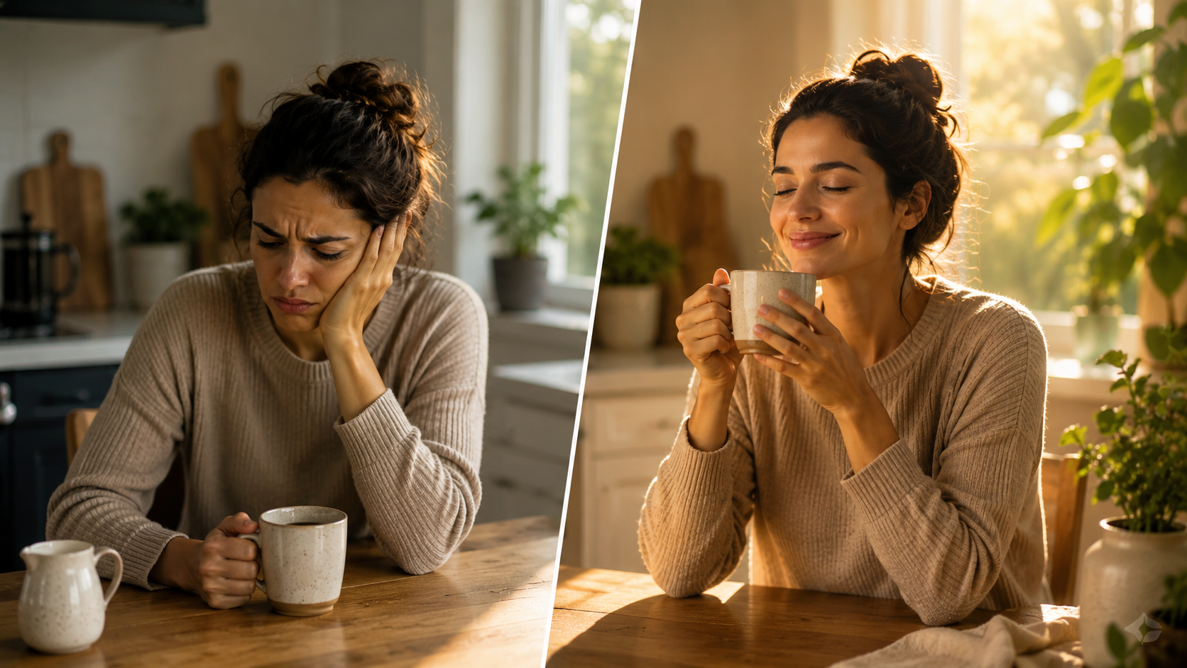 one person is not enjoying their coffee because it's too acidic, overstimulating, or too bitter. the other person is enjoying their freshly roasted, low-acid coffee in the morning from happily coffee.