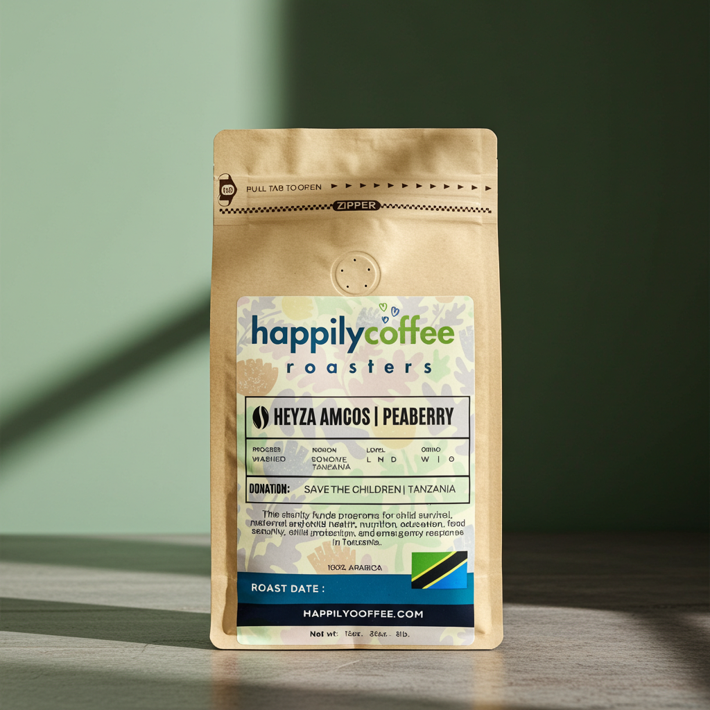Happily Coffee Roasters coffee package on a green background